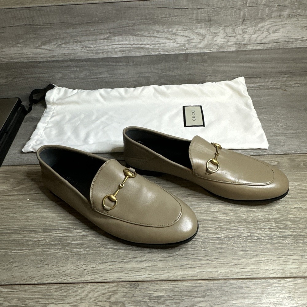 Gucci Brixton Horsebit Loafers Womens 38 Taupe Leather Excellent Gold Hardware